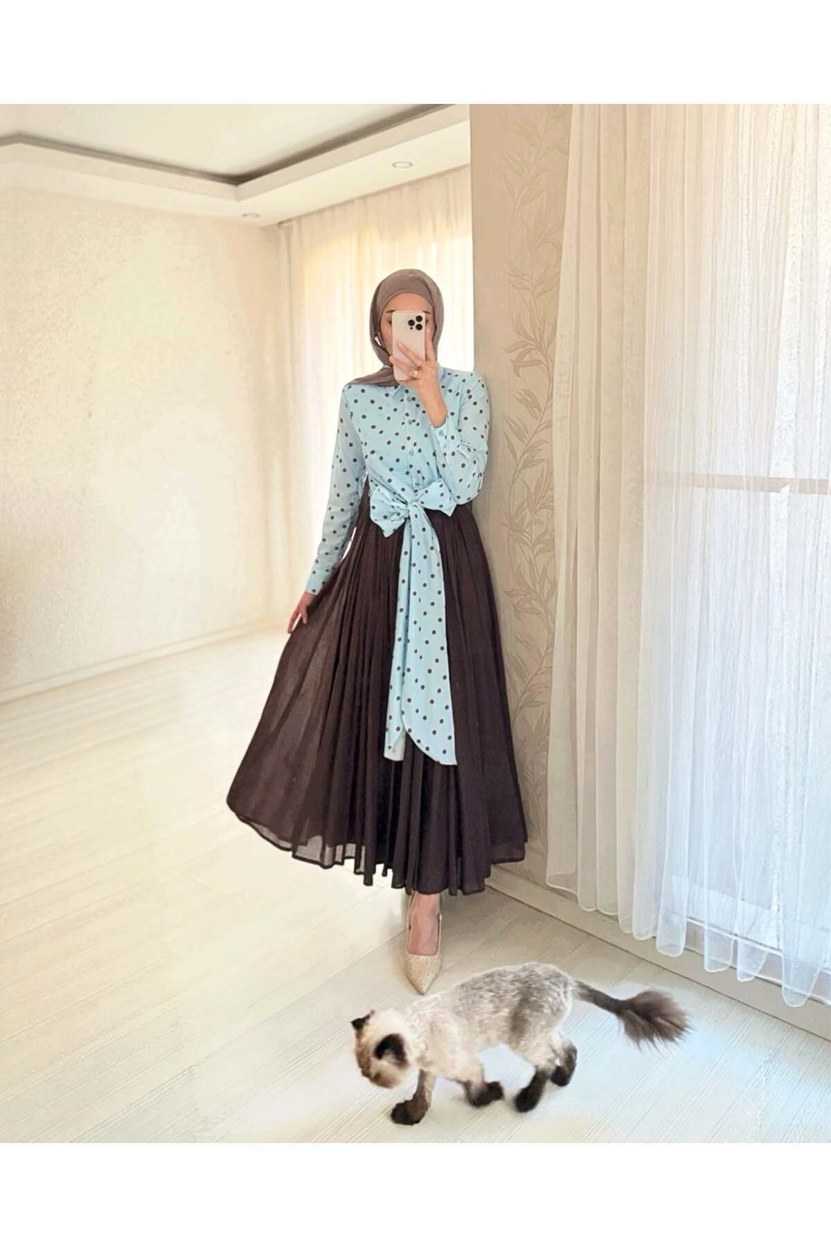 BELLASTORE Polka Dot Patterned Shirt & Pleated Skirt Set