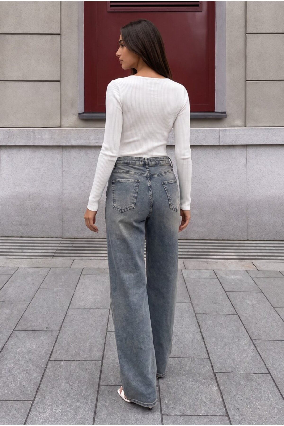 Gök Mavi Soluk Efekt Vintage Yüksek Bel Wide Leg Geniş Paça with Lycra Jeans 4