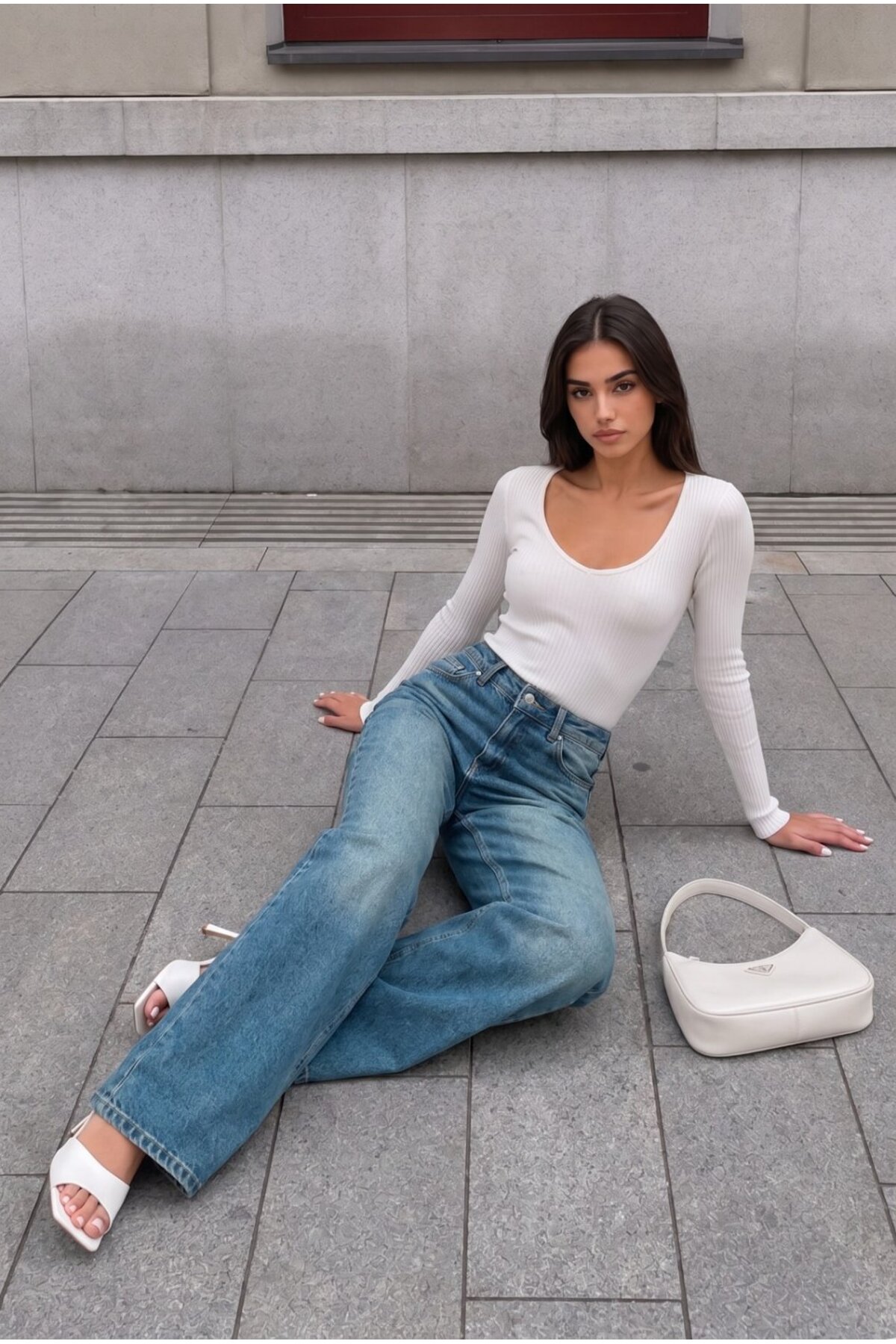 KOYU MAVİ Soluk Efekt Vintage Yüksek Bel Wide Leg Geniş Paça with Lycra Jeans 7
