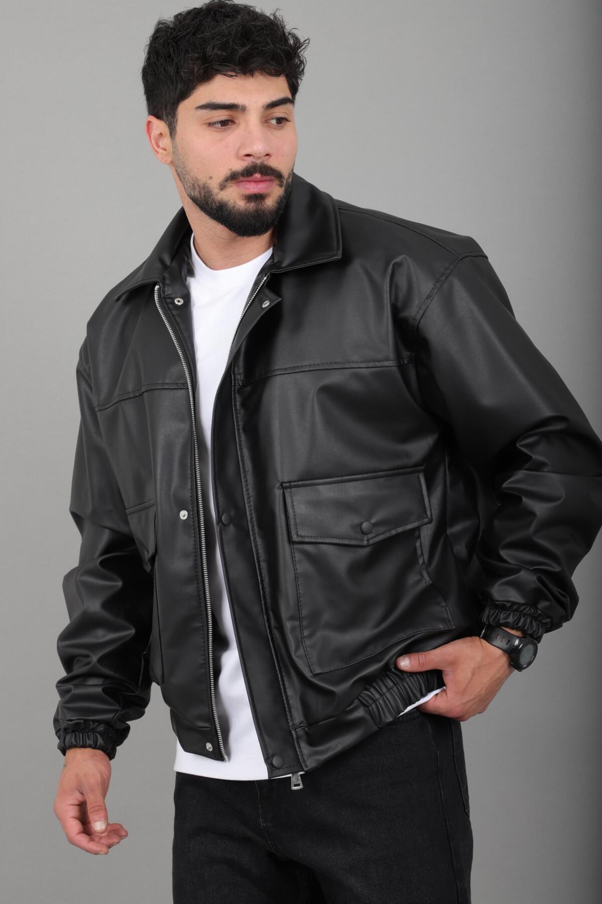 کاپشن چرم مصنوعی سایز بزرگ با جیبهای وصلهدار و کمر کشی Bl 1940_50508 — رنگارنگ