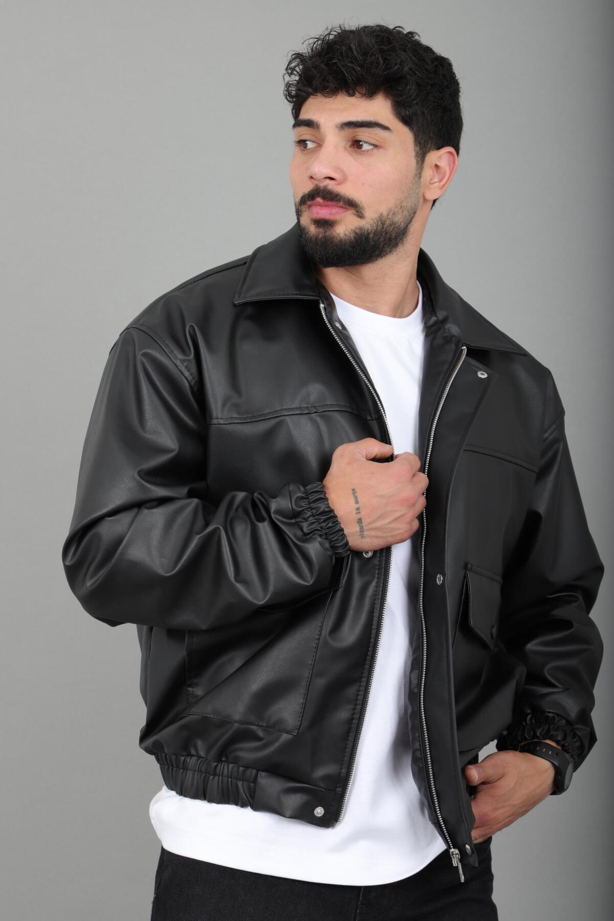 کاپشن چرم مصنوعی سایز بزرگ با جیب‌های وصله‌دار و کمر کشی Bl 1940_50508 — رنگارنگ — تصویر 4 از 7
