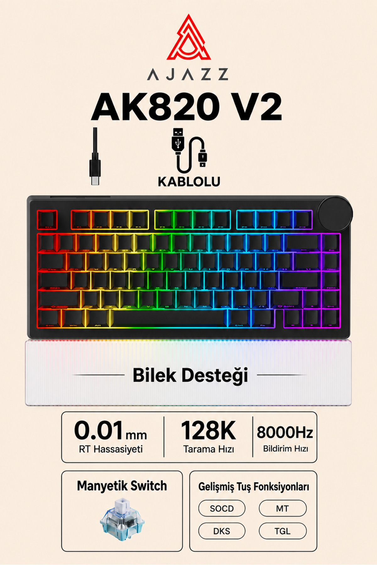 Ajazz AK820 V2 Manyetik Switch Kablolu Oyuncu Klavyesi 8000Hz