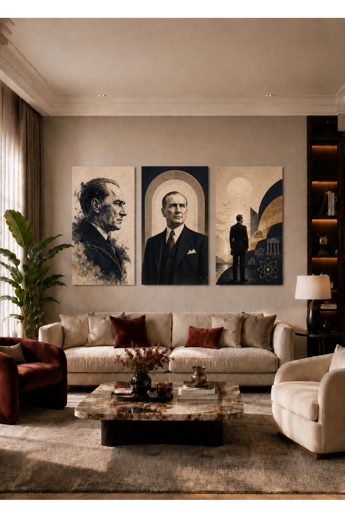 MDF Tablo Atatürk Temalı 3’lü Set – Modern Türk Tarihi Duvar Dekorasyonu