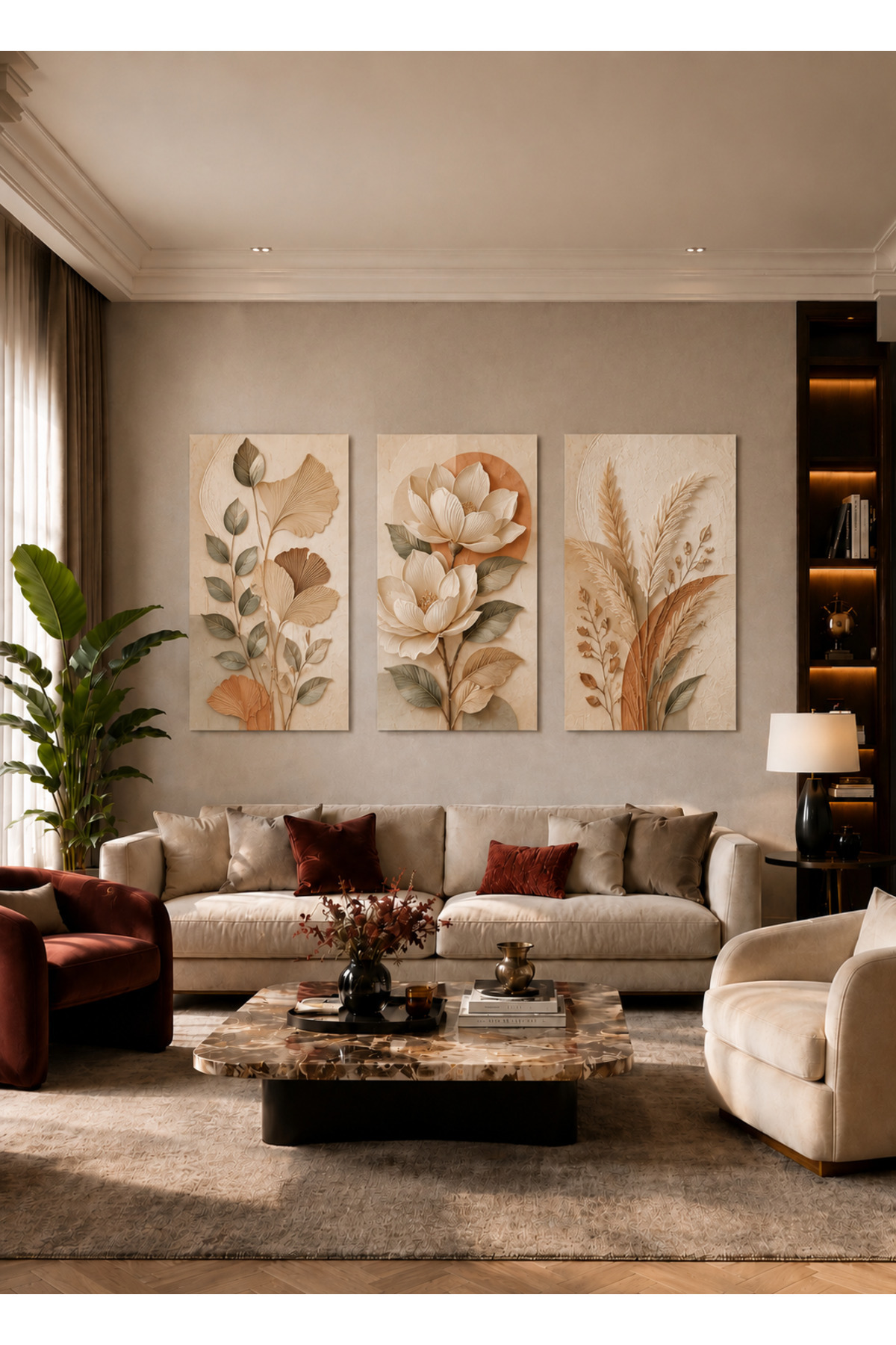 3 Parça MDF Botanik Çiçek Tablo Seti Modern Bej Minimalist Duvar Dekoru Salon Tablosu