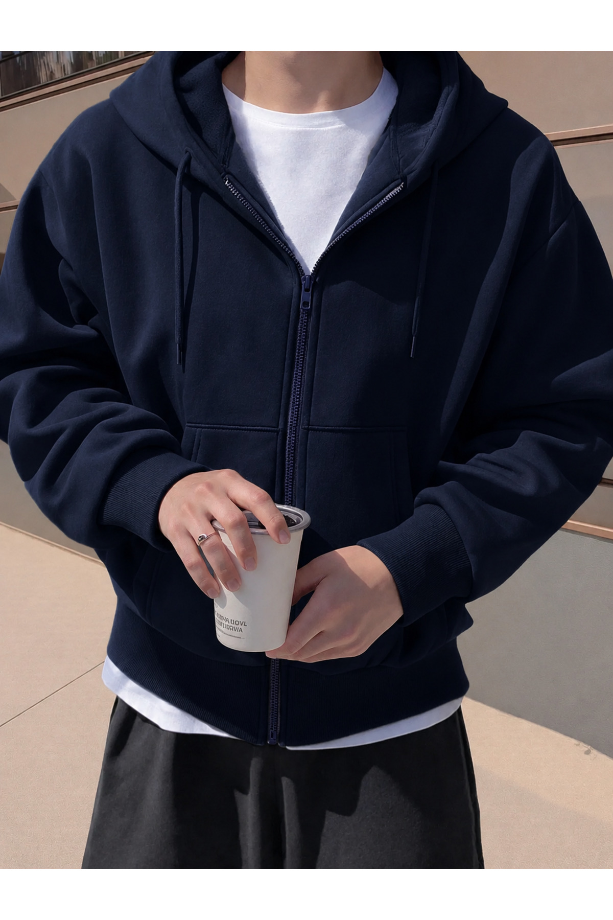 YAKAMEL ERKEK 3 İPLİK FERMUARLI KAPÜŞONLU OVERSİZE RAHAT SWEATSHIRT HIRKA görsel 2
