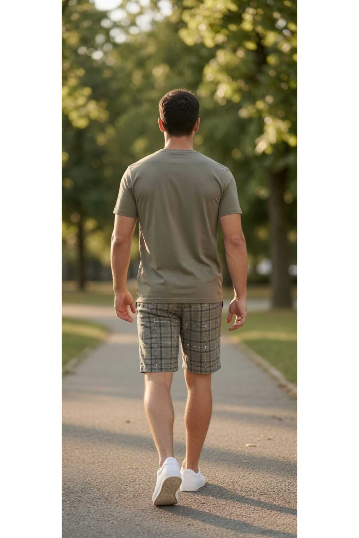 PİJART Erkek Şort Haki Ekose Pamuklu Pijama Takımı görsel 3