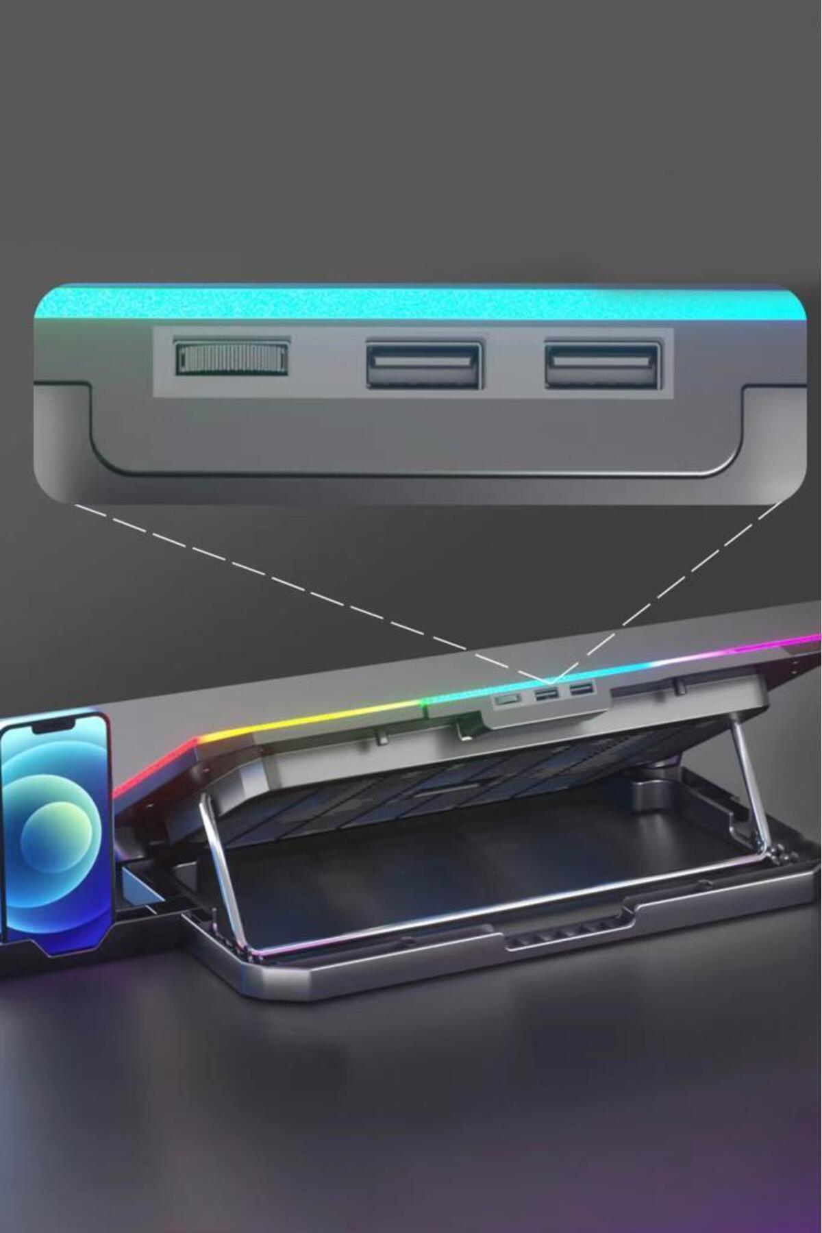 پایه خنک‌کننده لپ‌تاپ RGB با دو فن، قابل تنظیم، خنک‌کننده نوت‌بوک با نگهدارنده گوشی، تغذیه USB، رنگ مشکی
