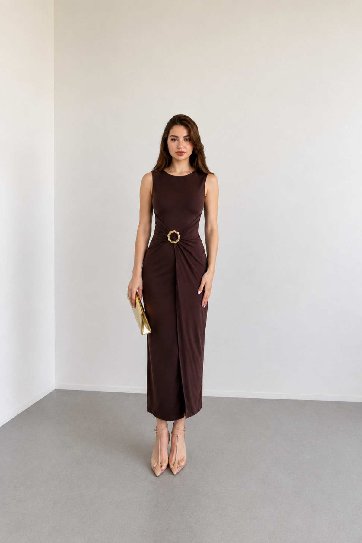 Nika Fashion Meloni Sıfır Kol Aksesuarlı Sandy Elbise