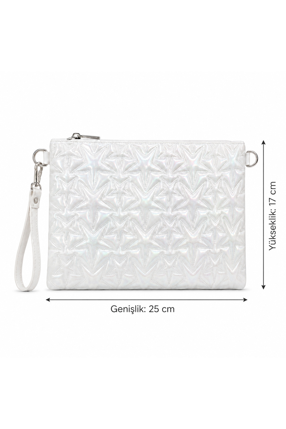 Genel Markalar Yüksek Kalite Kadın Beyaz Yıldız Desenli Holografik Portföy Çanta Clutch– Yıldız Desenli, Bilek Askılı, Fermuarlı ZİNCİR HEDİYELİ görsel 4