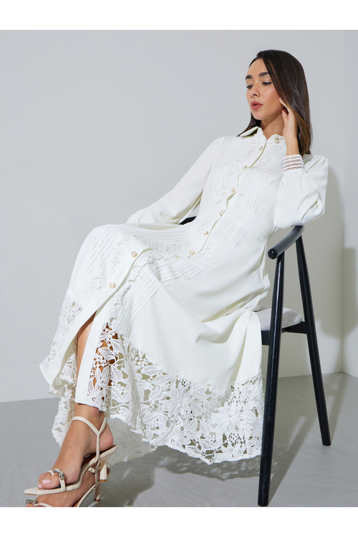 Styli Off White Lace Trim Shirt Maxi Dress