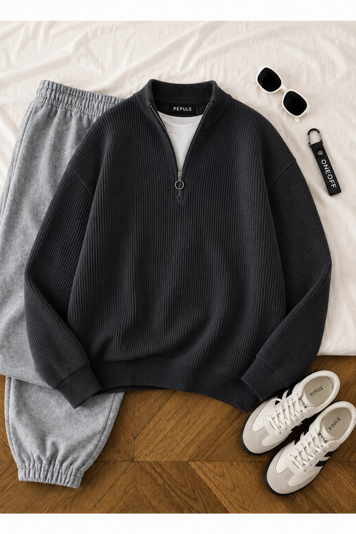 Erkek Selanik Örme Yarım Fermuarlı Triko Kazak Dik Yaka Kışlık Kalın Dokulu Modern Fit Premium Füme — رنگارنگ Tekliuşak