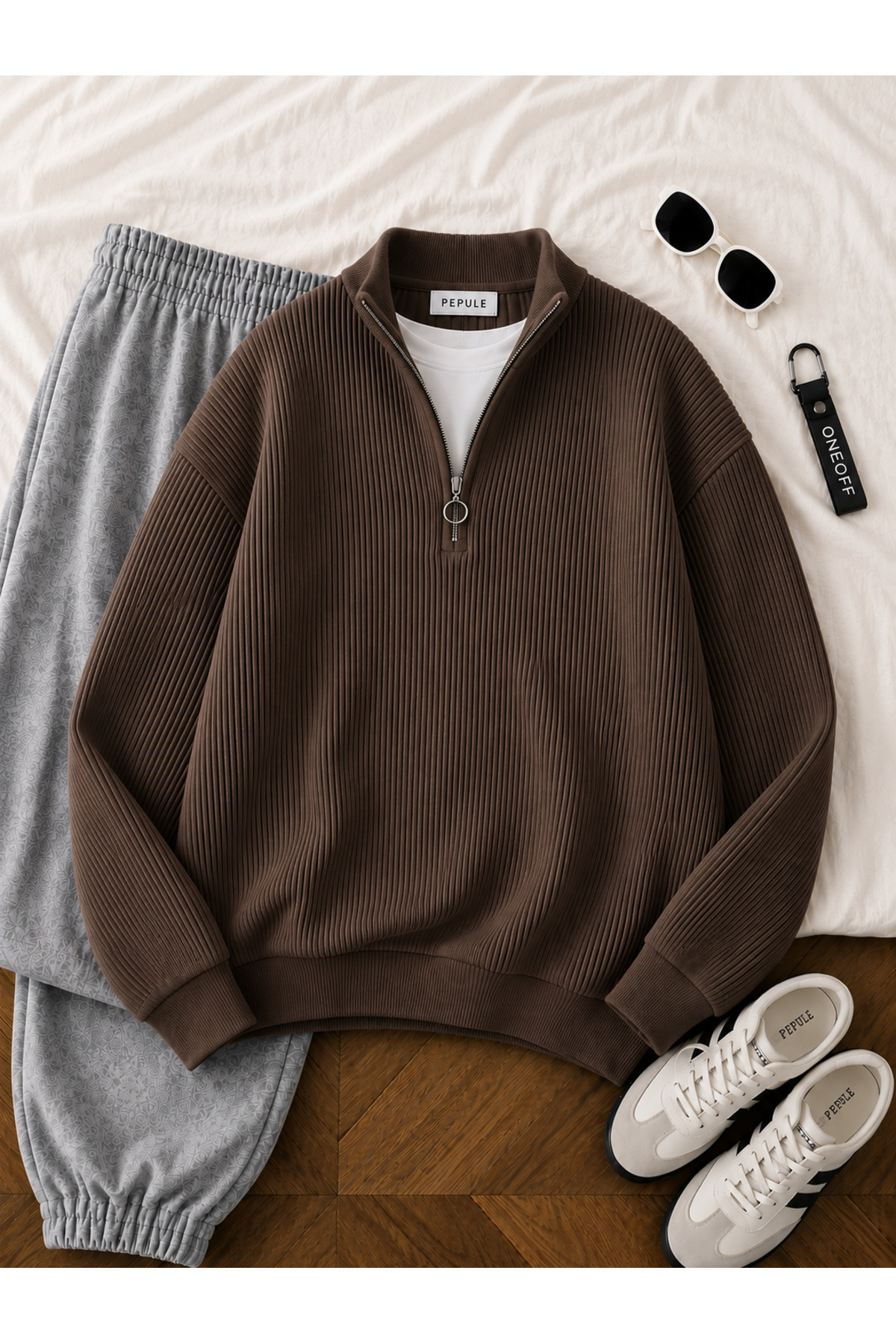 Erkek Selanik Örme Yarım Fermuarlı Triko Kazak Dik Yaka Kışlık Kalın Dokulu Modern Fit Premium Kahve — قهوه‌ای Tekliuşak