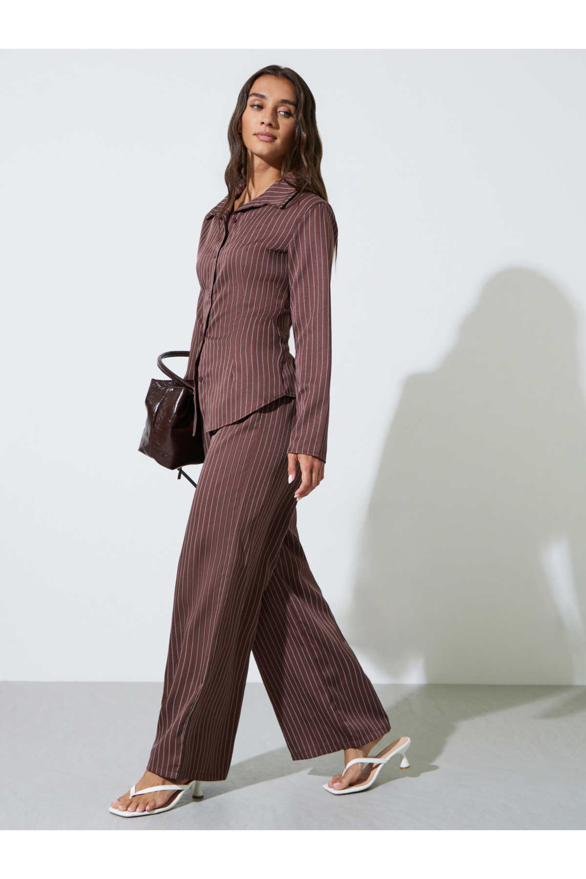 Styli Brown Striped Long Sleeves Shirt and Wide Leg Pants Co-Ords