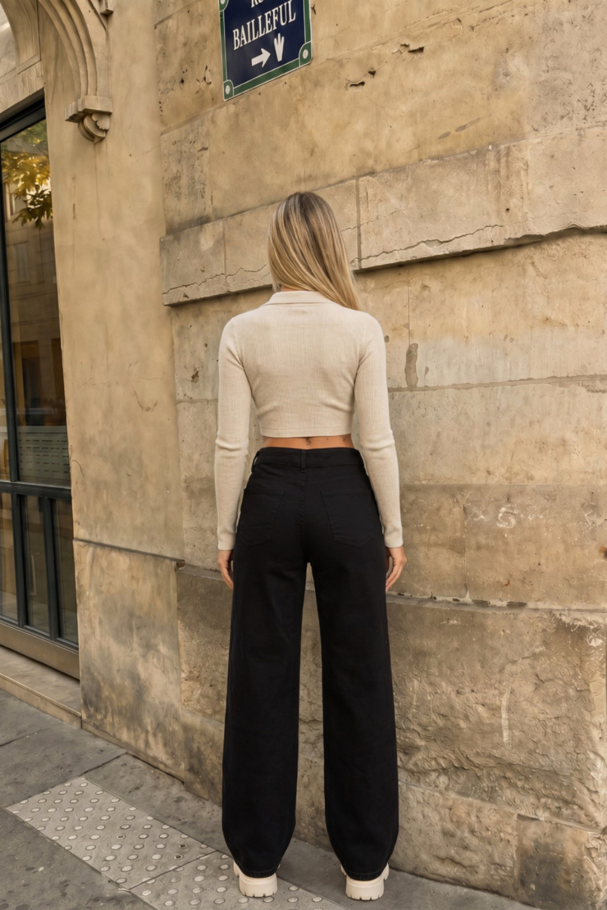 BİKELİFE Siyah Yüksek Bel Wide Leg Bol Paça Palazzo Kot Pantolon görsel 5