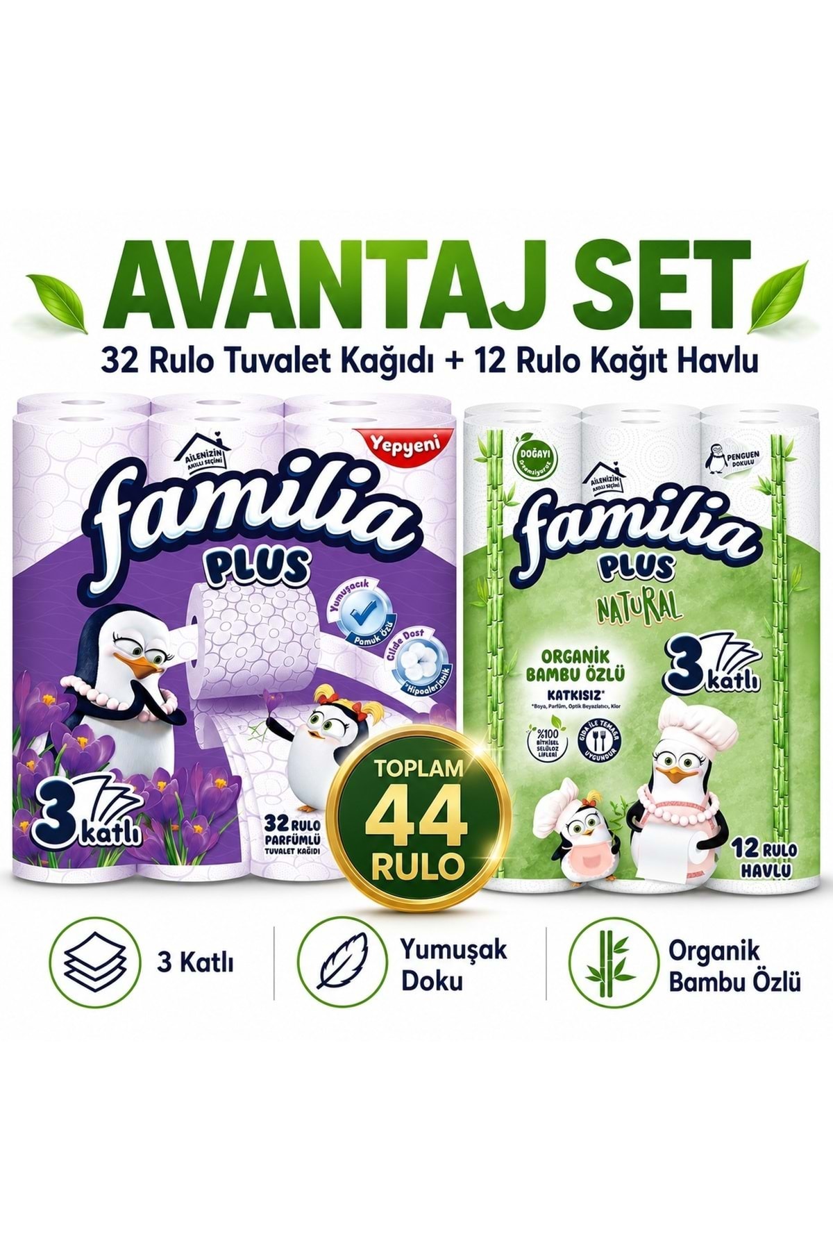 Familia Avantaj Set Plus Tuvalet Kağıdı 32 Li Rulo Sihirli Çiçekler + 12 Li Rulo Organik Bambu Özlü