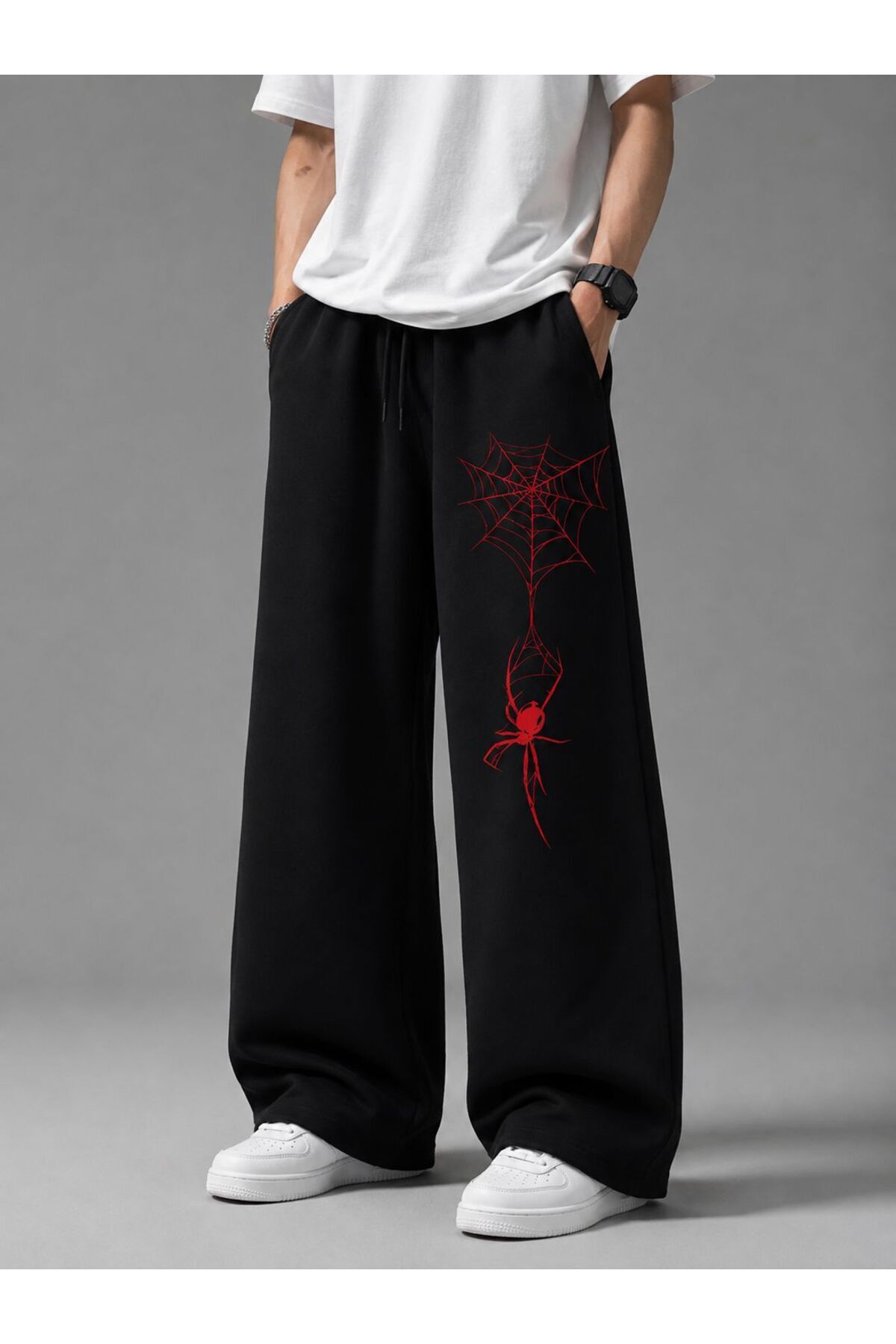 ZAVIXO Örümcek Ağı Baskılı Geniş Paça Pantolon Bol Kesim Lastikli Bel Streetwear