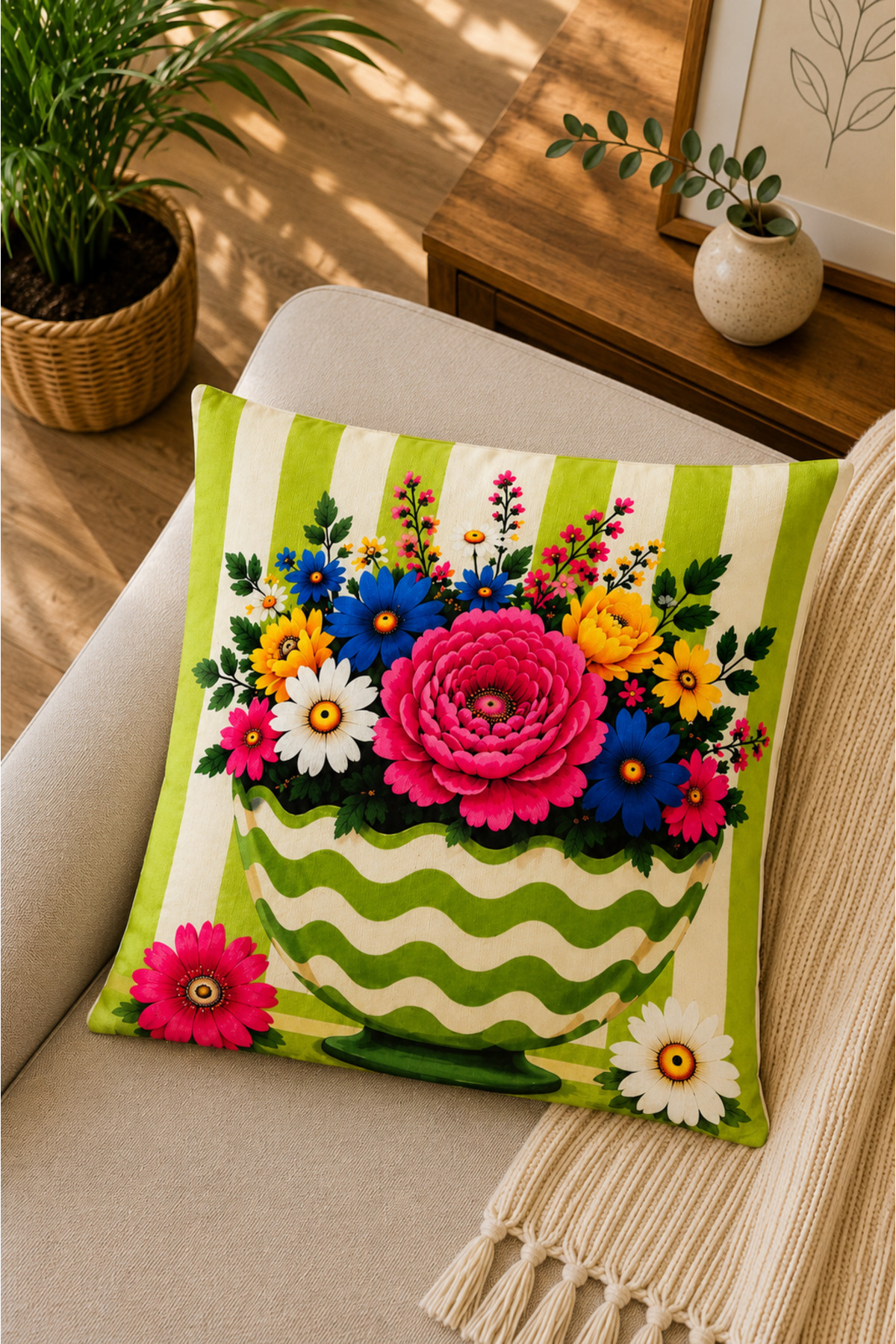Dijital Baskılı Dekoratif Kırlent Kılıfı 43x43 cm – Modern Desenli Keten Dokulu