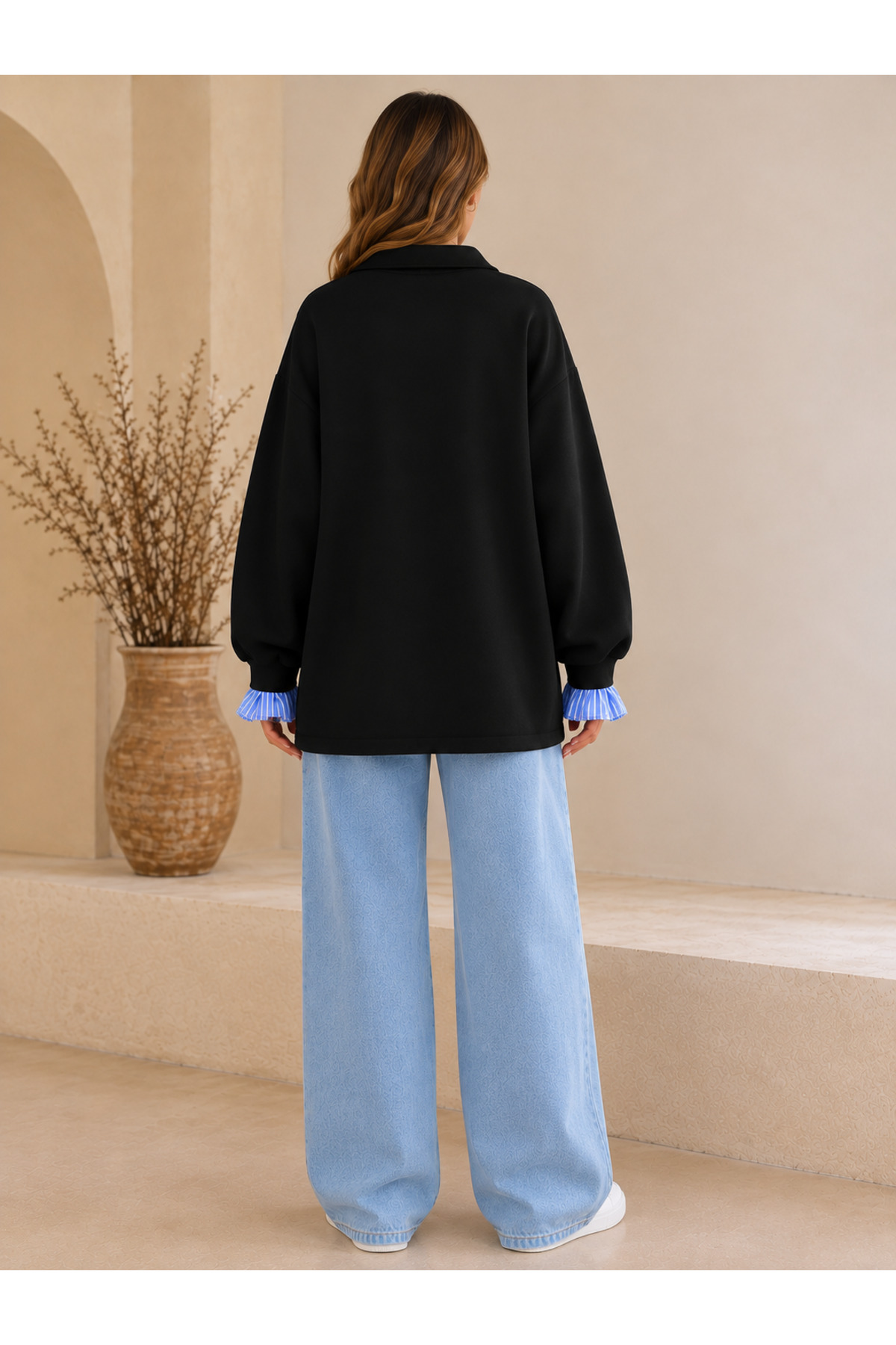 Afri Siyah Kadın Oversize Gömlek Yaka Sweatshirt, Çizgili Poplin Detaylı Rahat Kesim Uzun Kollu Sweat görsel 4