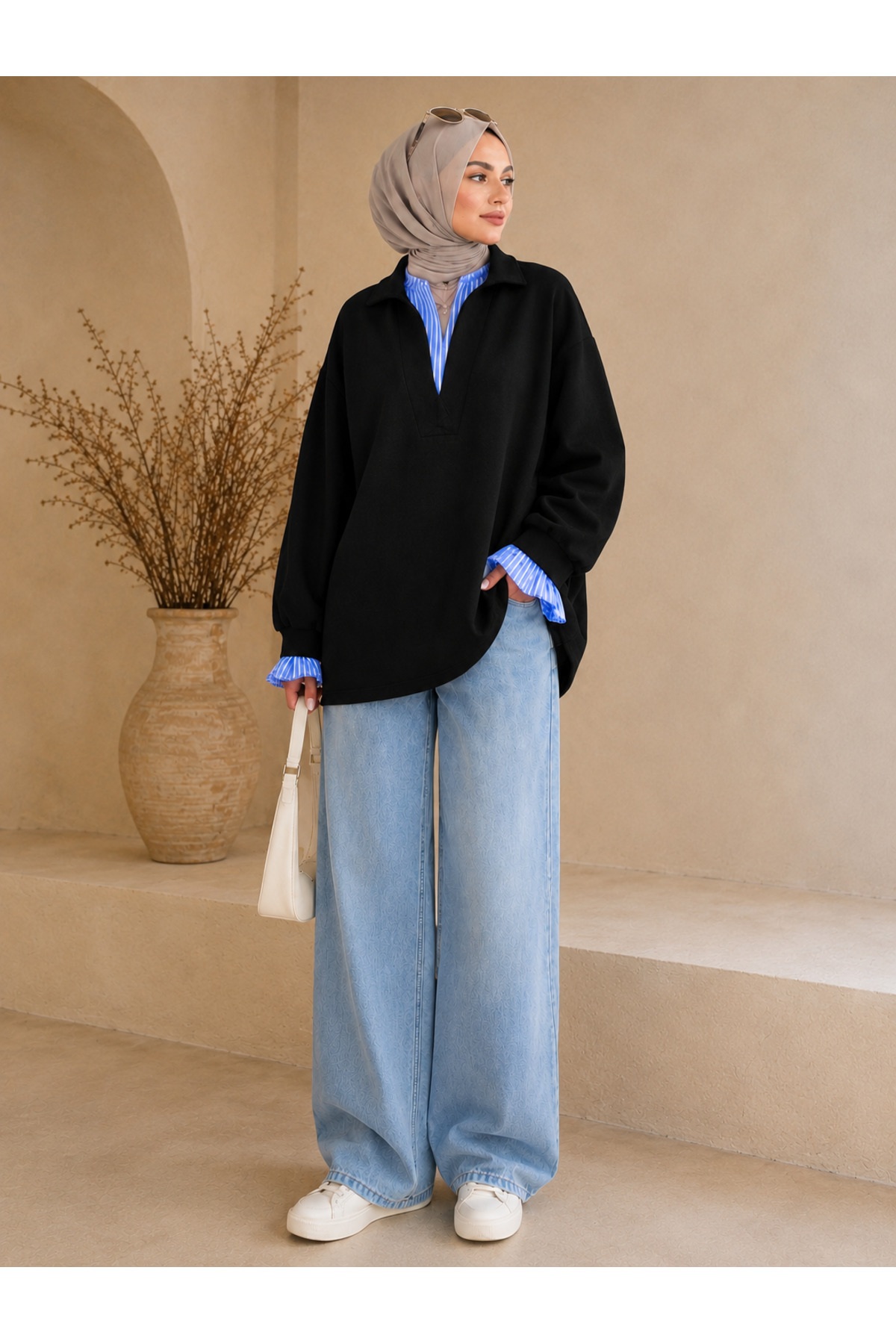 Afri Siyah Kadın Oversize Gömlek Yaka Sweatshirt, Çizgili Poplin Detaylı Rahat Kesim Uzun Kollu Sweat görsel 2