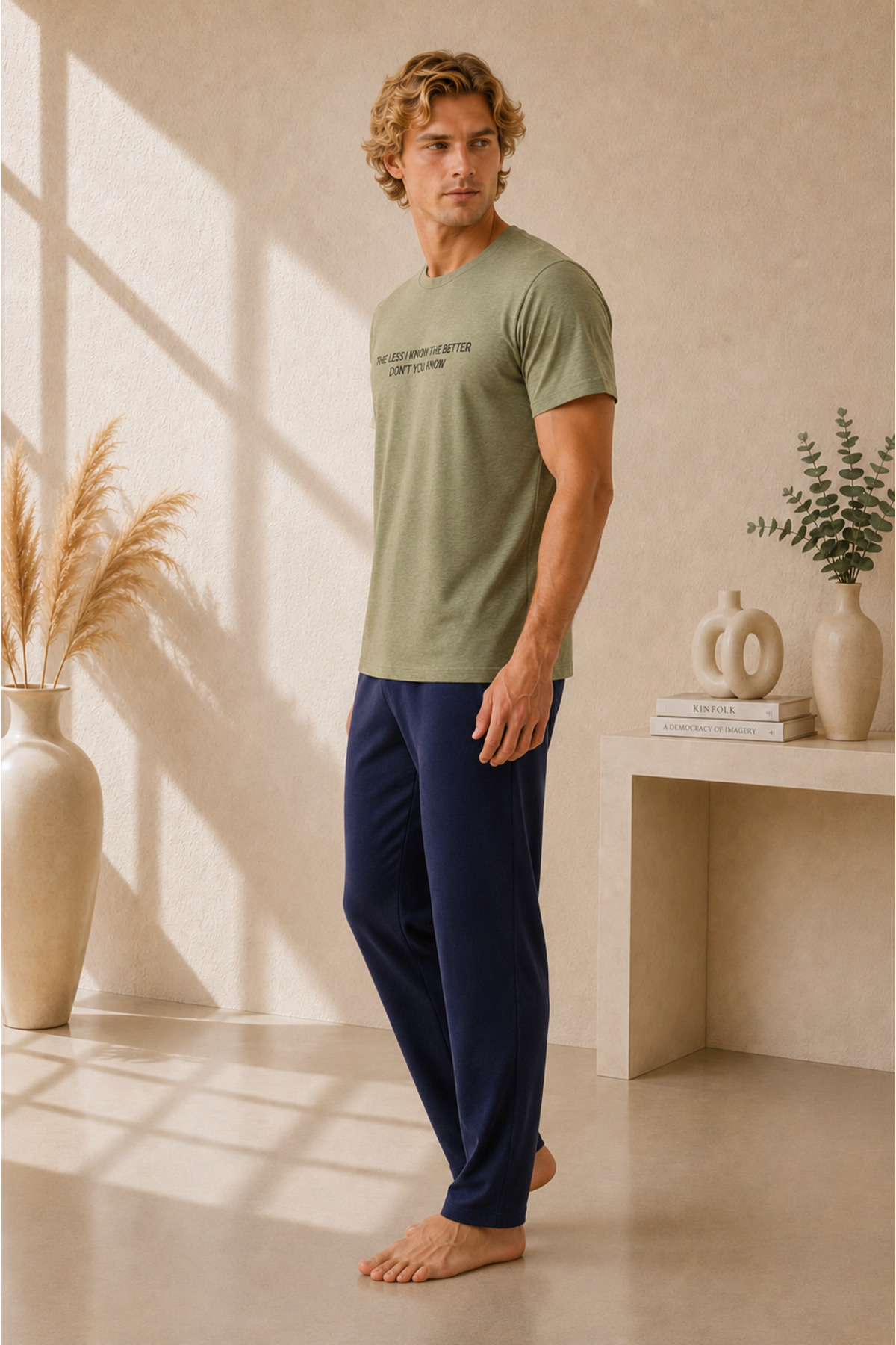Pijamask Erkek Haki Baskılı Kısa Kollu Tişört Lacivert Uzun Alt Pamuklu Pijama Takımı Alternatif, daha fazla arama kelimesi içeren versiyon: görsel 2