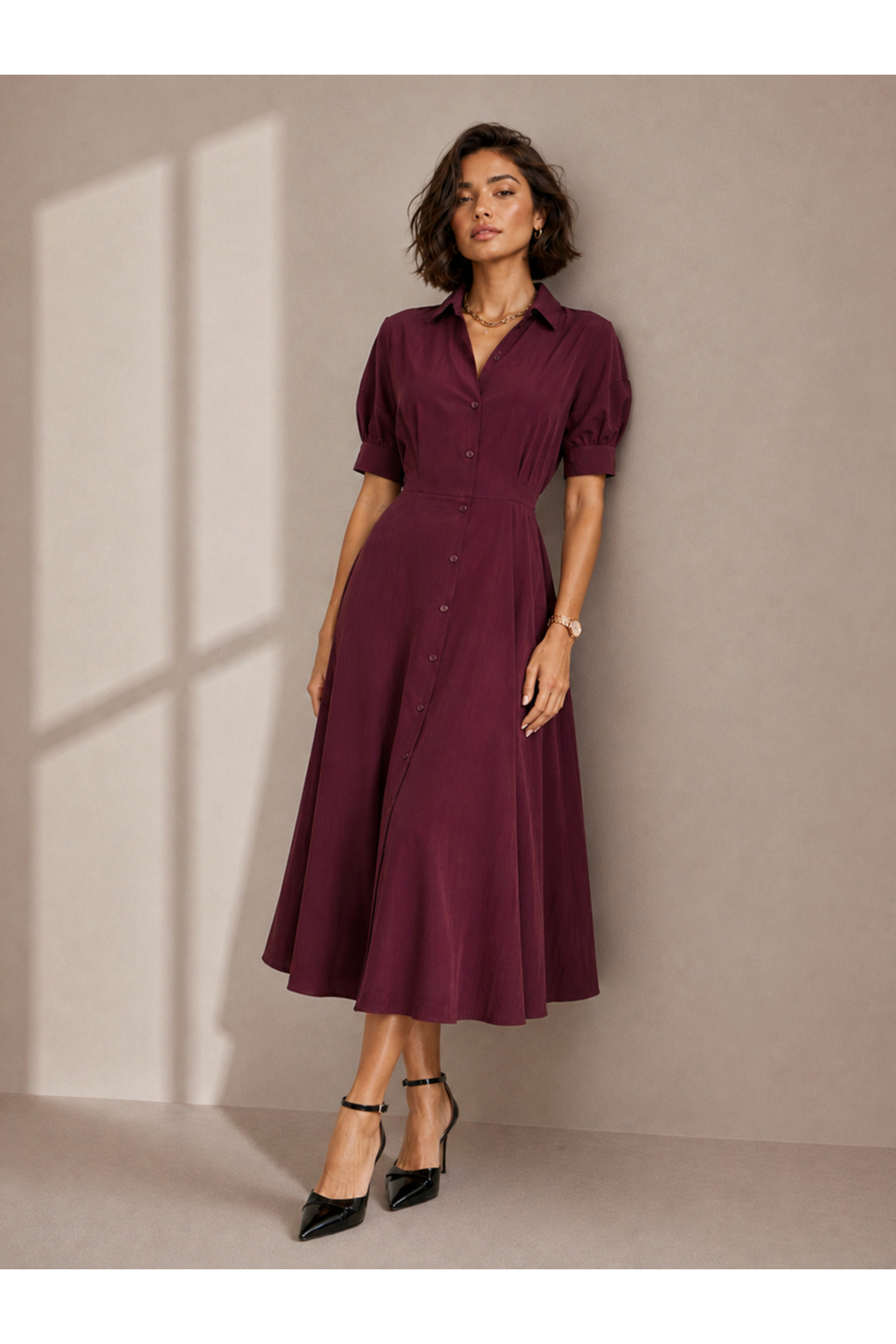 Styli Burgundy Lapel Collar Short Puff Sleeves Shirt Maxi Dress