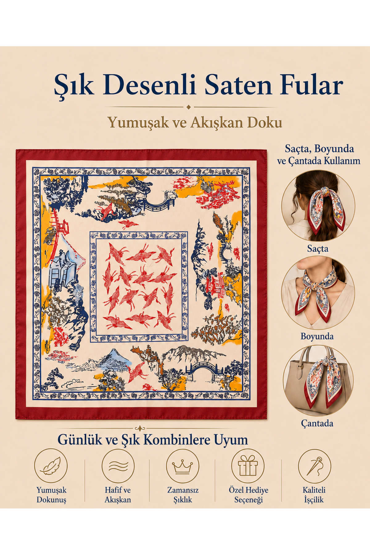 OUS Kadın Turna ve Manzara Desenli 50x50 cm Saten Fular, Kırmızı Kenarlı İpeksi Dokulu Kare Boyun Saç ve Çanta Aksesuarı görsel 4