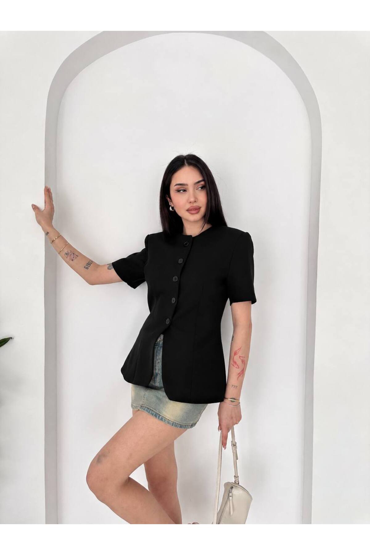 Pukka Kadın Double Kumaş Düğmeli Bel Oturtmalı Kısa Kollu Blazer Ceket