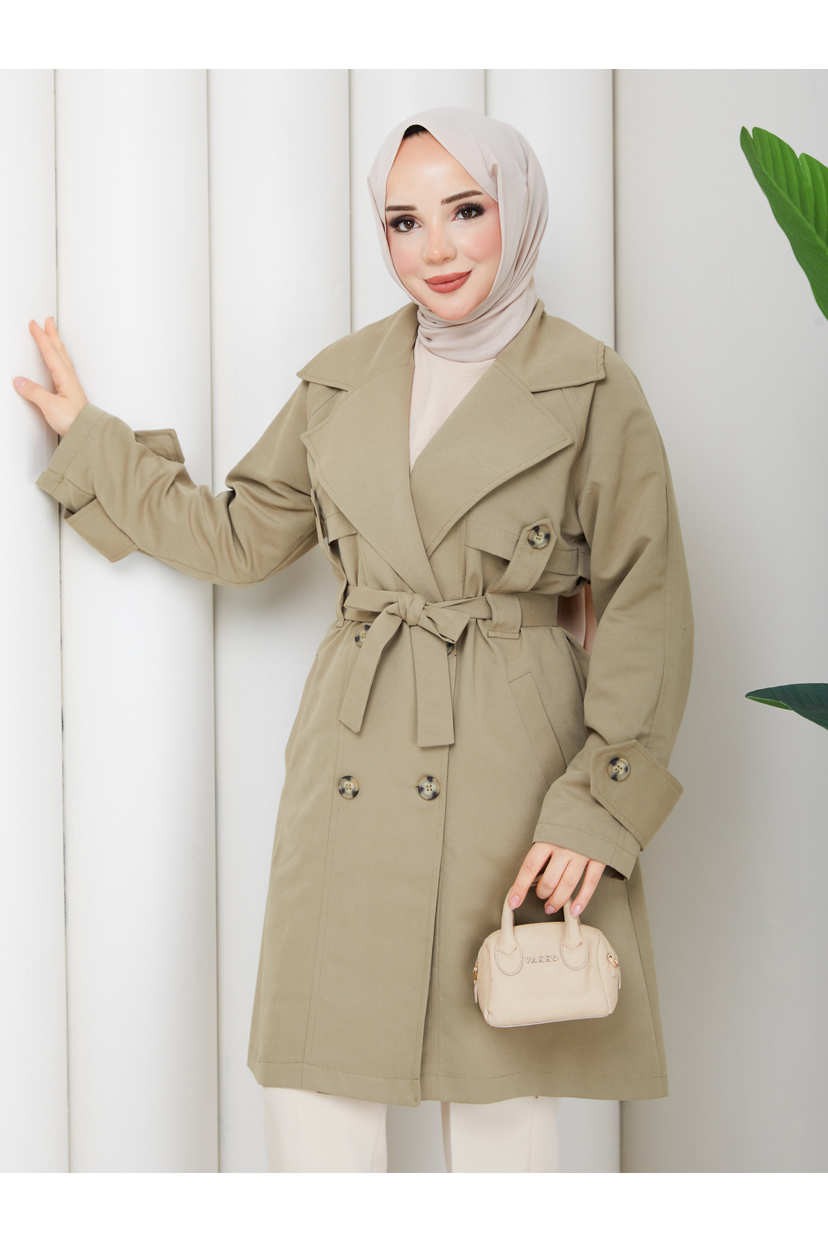 RACE FASHİON Apolet Detaylı Kuşaklı Düğmeli Cepli Tesettür Trençkot RC3145 görsel 7