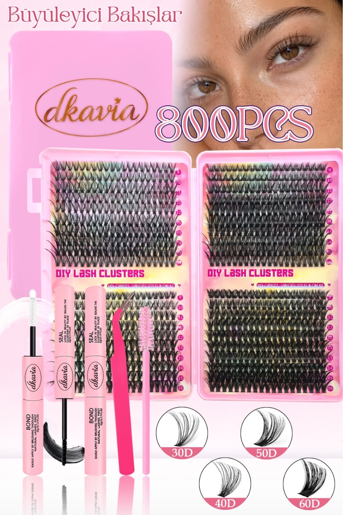Takma Kirpik Seti 800 Demet Kirpik, Yapıştırıcı ve Sabitleyici, Cımbız ve Fırçasıyla, Doğal - Hacimli Görünüm (30-40-50-60D) — DK2608
