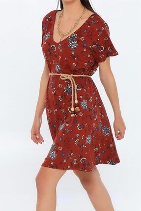 Likralı Çiçek Desenli, Kiremit Rengi - Kadın Kısa Elbise Modeli Çiçekli Elbise