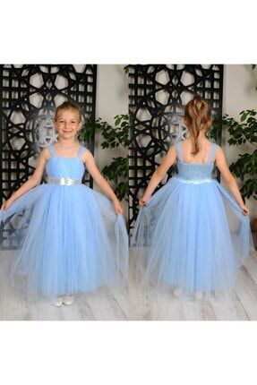 Kız Çocuk Uzun Pamukkoza Mavi Abiye Elbise PERA100