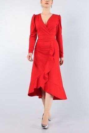 Kırmızı Krep Kumaş Eteği Volanlı Kruvaze Yaka Kuşaklı Uzun Kollu Elbise Abiye Elbise 101 TKN-EMR-101
