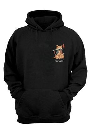 Unisex Kapşonlu Samuray Cat Siyah Sweatshirt YW148Q62Q