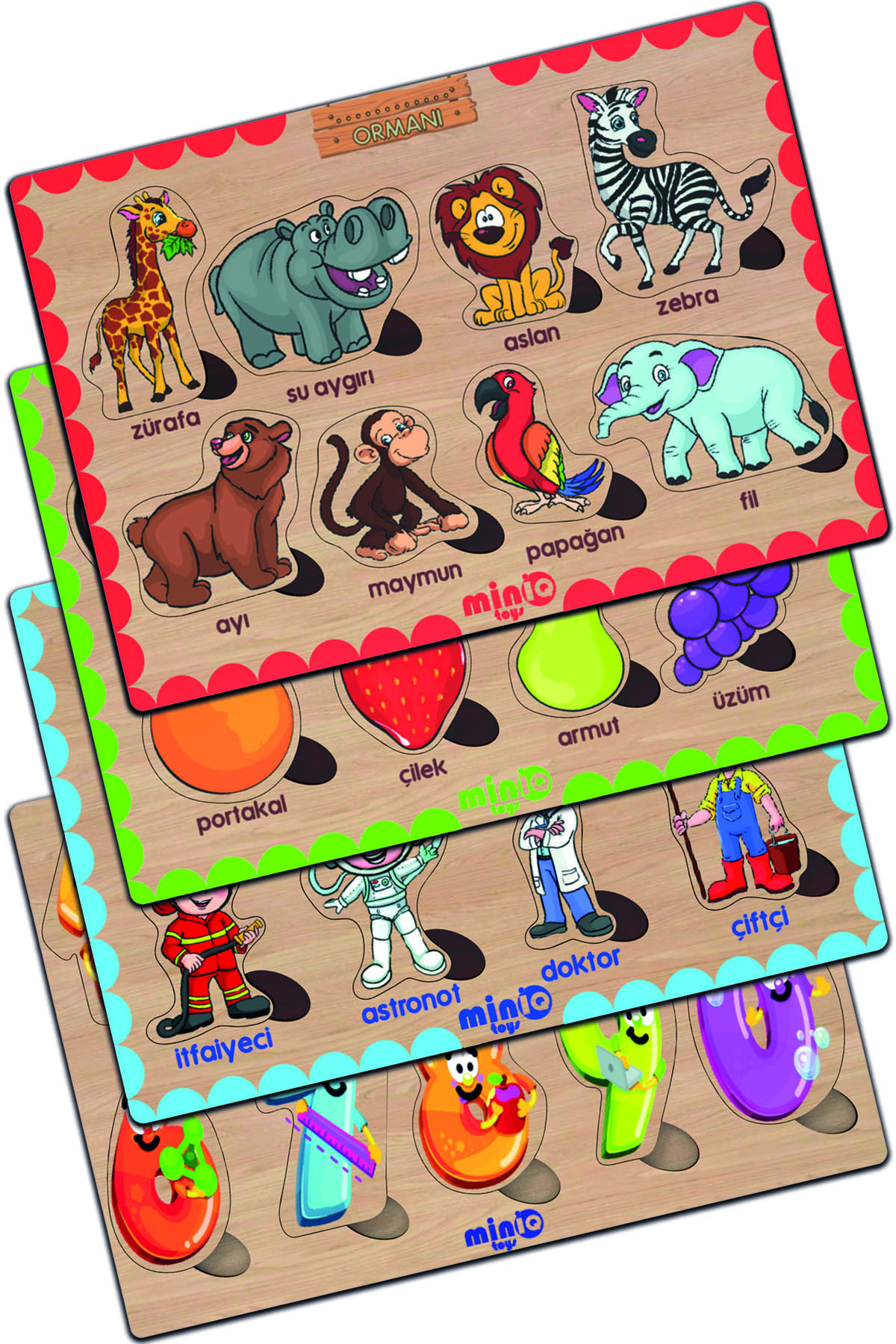 Wooden Turkish Forest Animals.+Mevels+Professions+Numbers 4-Piece Set Educational-Teaching Puzzle