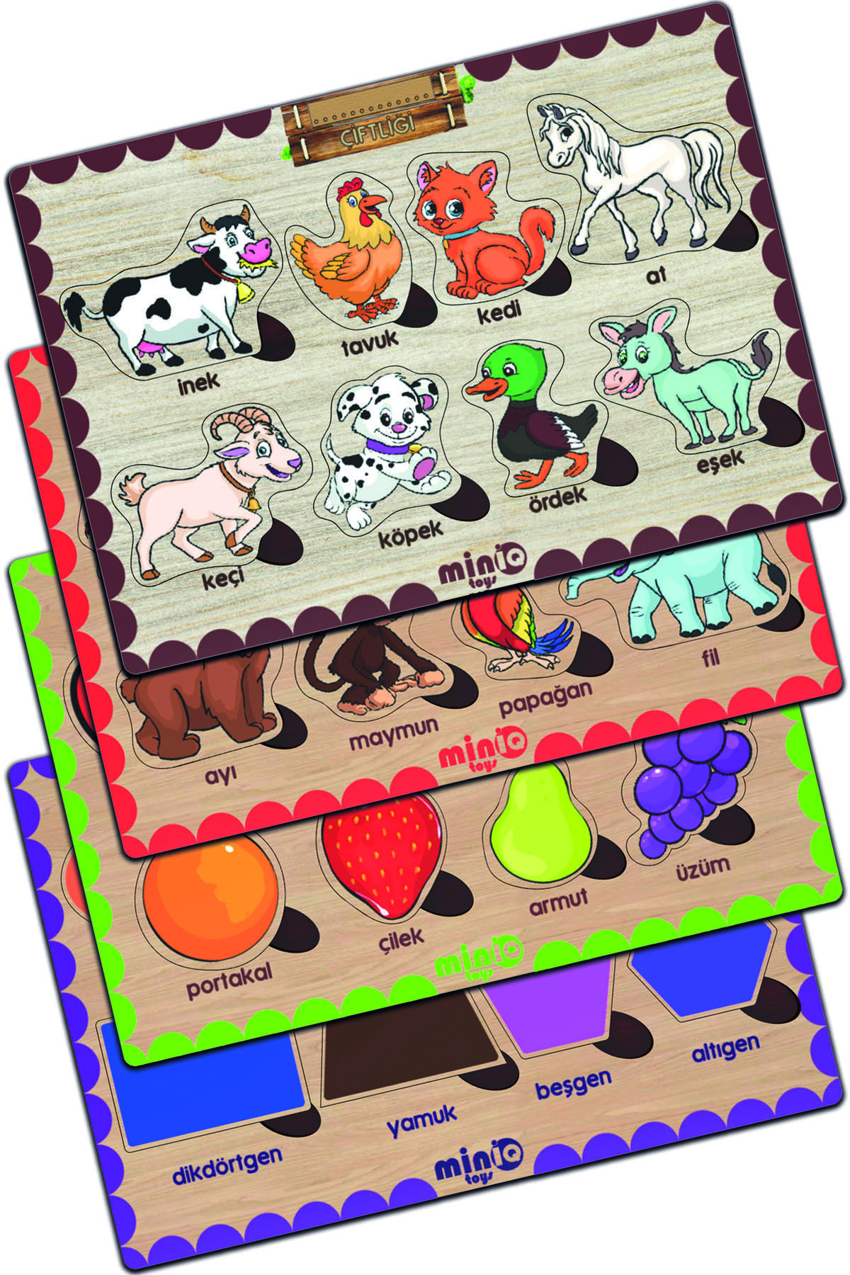 Wooden Turkish Farm Animal.+Orman Animal.Fruits-Shells 4-Piece Set Educational-Teaching Puzzle