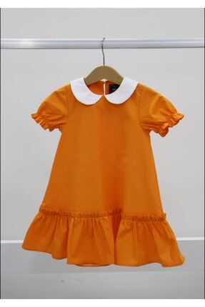 Kız Çocuk Elbise Beyaz Bebe Yaka Turuncu Farbelalı Kısa Kol - 501