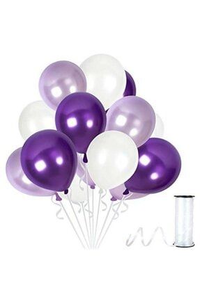 25 Adet Parti Balonu -lila - Mor - Beyaz Metalik Balon TPKT000000197