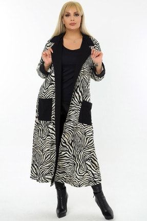 Zebra Desenli Cepli Kuşaklı Özel Tasarım Tam Boy Uzun Tarz Hırka KHS-22920-4_Siyah