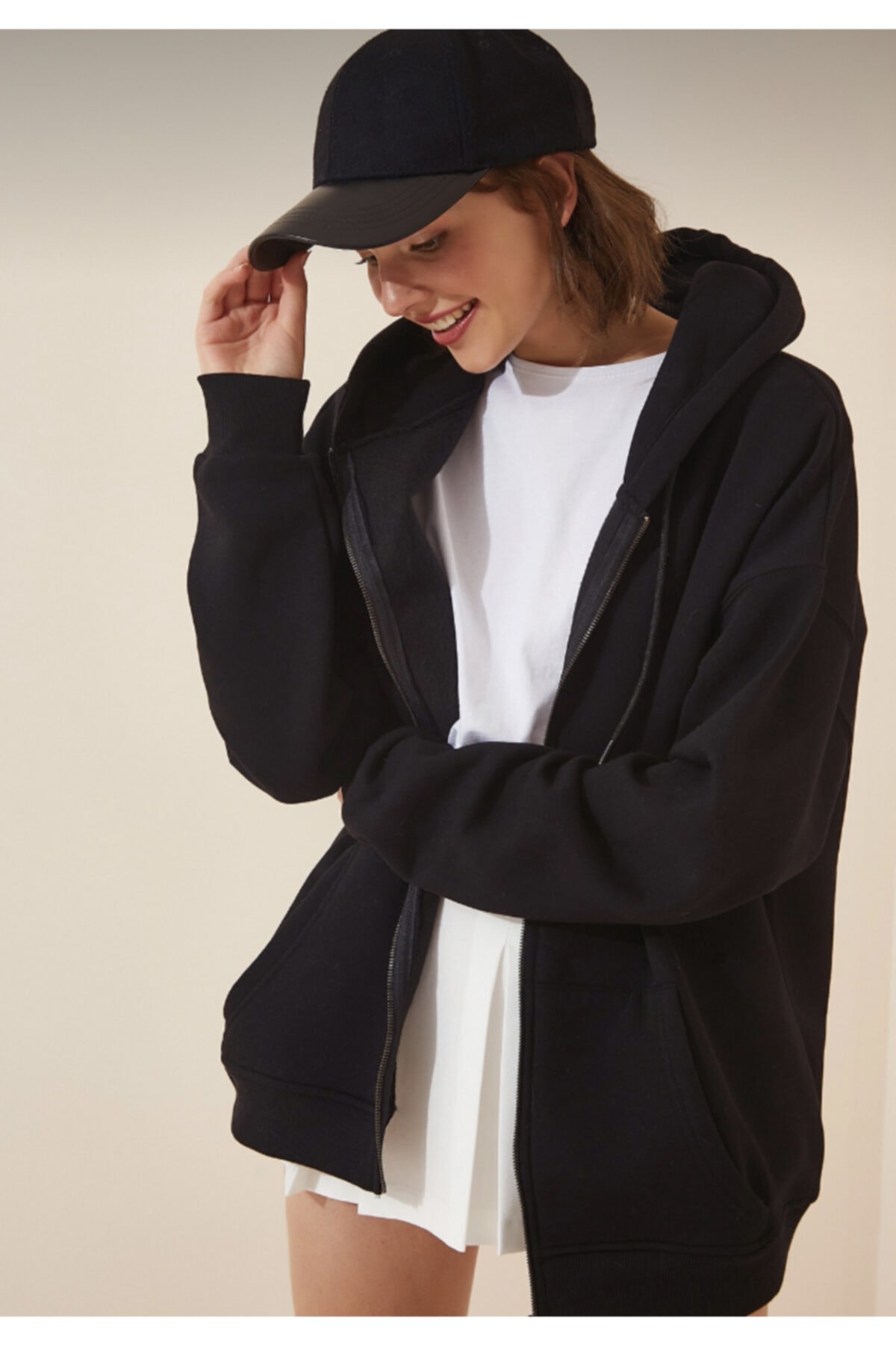 JAKARLI  Unisex Kapüşonlu Siyah Fermuarlı Şardonlu Oversize Kalın Sweatshirt - Görsel 3