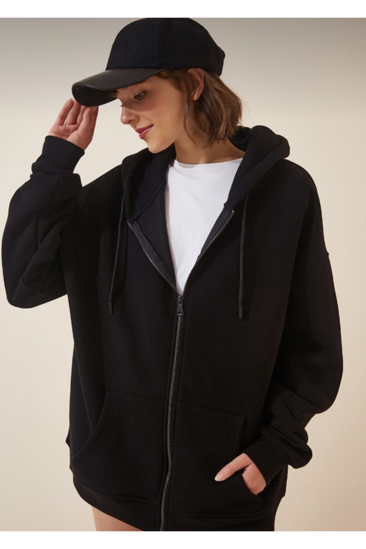 JAKARLI  Unisex Kapüşonlu Siyah Fermuarlı Şardonlu Oversize Kalın Sweatshirt - Görsel 4