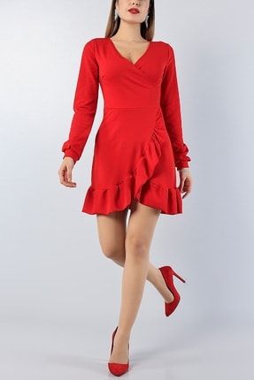 Kadın Kırmızı Eteği Fırfırlı Kruvaze Yaka Uzun Kol Davet, Gece Elbisesi Abiye Elbise79746 NKT-MD1-79745