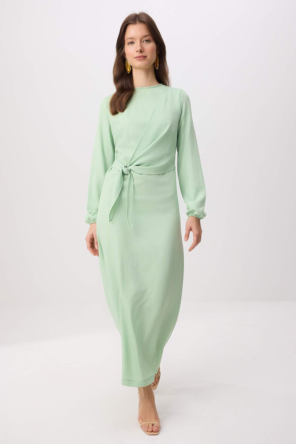 Trendyol Modest Sukienka z tkaniny o wyglądzie lnianym w odcieniach mięty TCT...