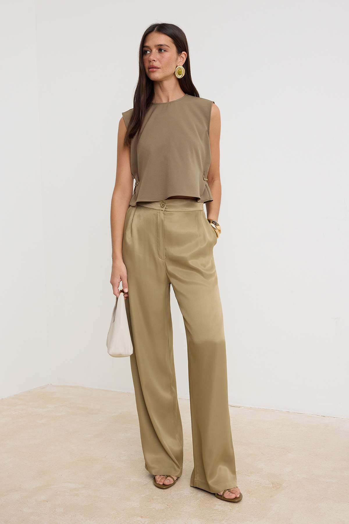 Haki Saten Wide Leg/Geniş Paça Pantolon TWOSS26PL00197