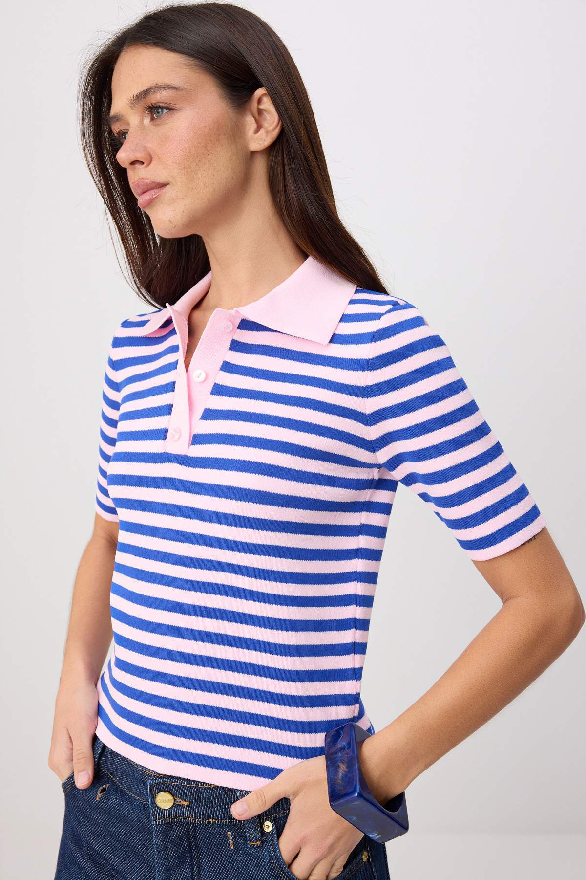 Trendyolmilla Saks Yazlık Premium Özel İplik Triko Bluz TWOSS26BZ00280