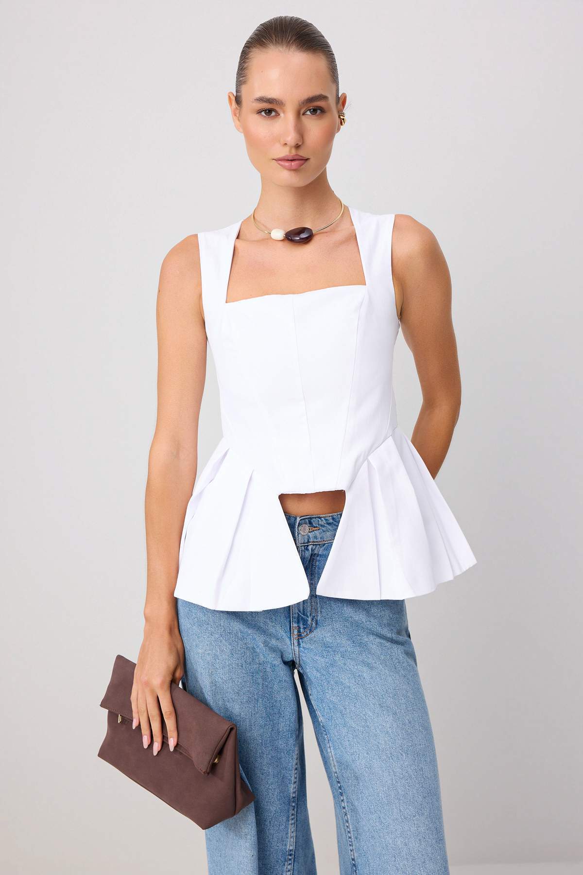 Trendyolmilla Beyaz Godeli Kare Yaka Telalı Tok Kumaş Dokuma Alt&Üst Bluz TWOSS26BZ00844
