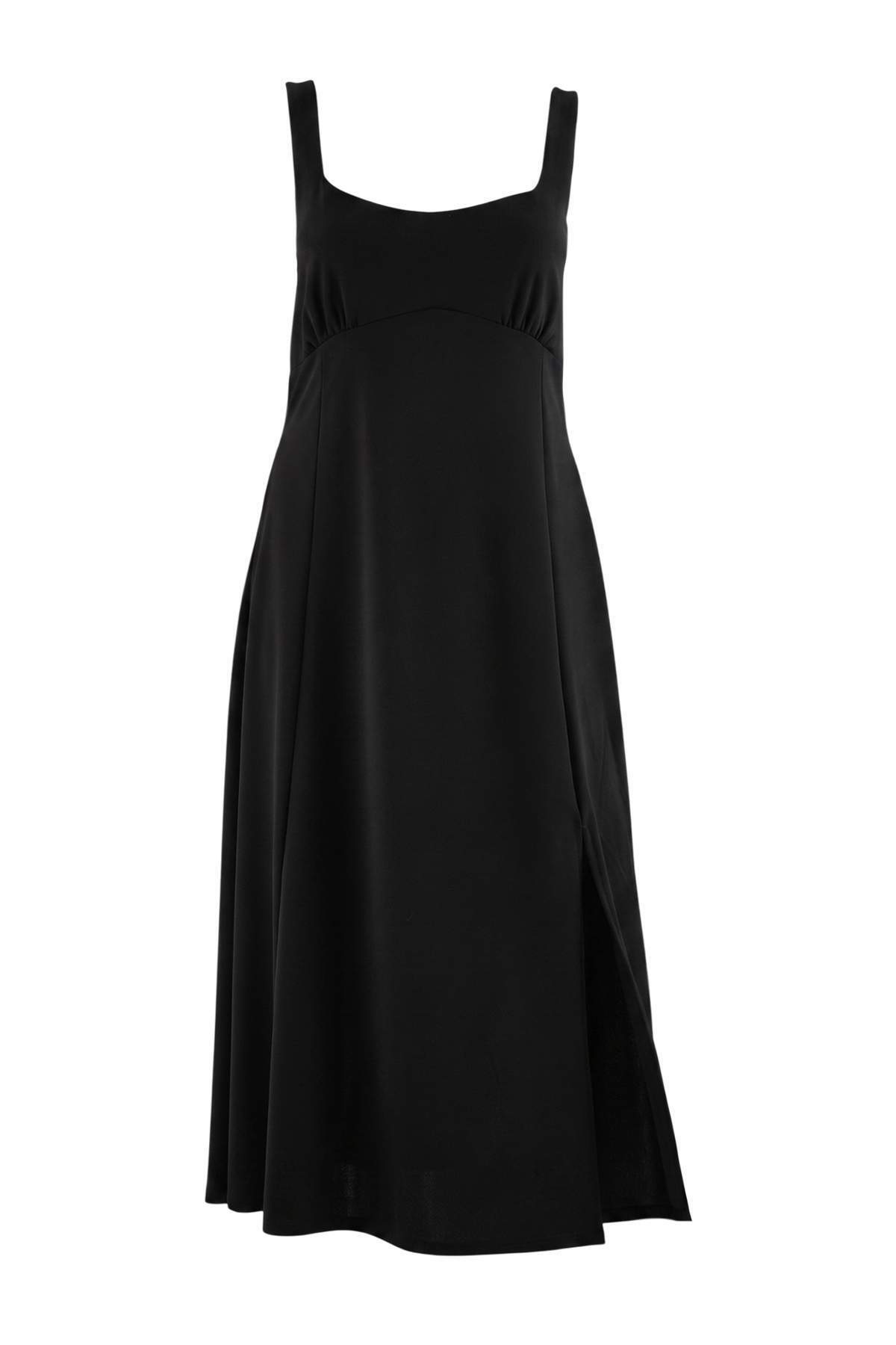 Trendyolmilla Curve Siyah A-Kesim/Çan Form Kalp Yaka Kolsuz Maxi Scuba Krep Örme Büyük Beden Elbise TBBSS26AH00294