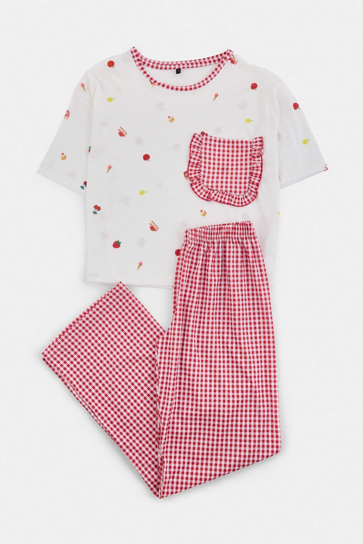 Trendyolmilla Beyaz-Kırmızı Ekoseli ve Baskılı Cepli Örme Pijama Takımı THMAW27PT00054