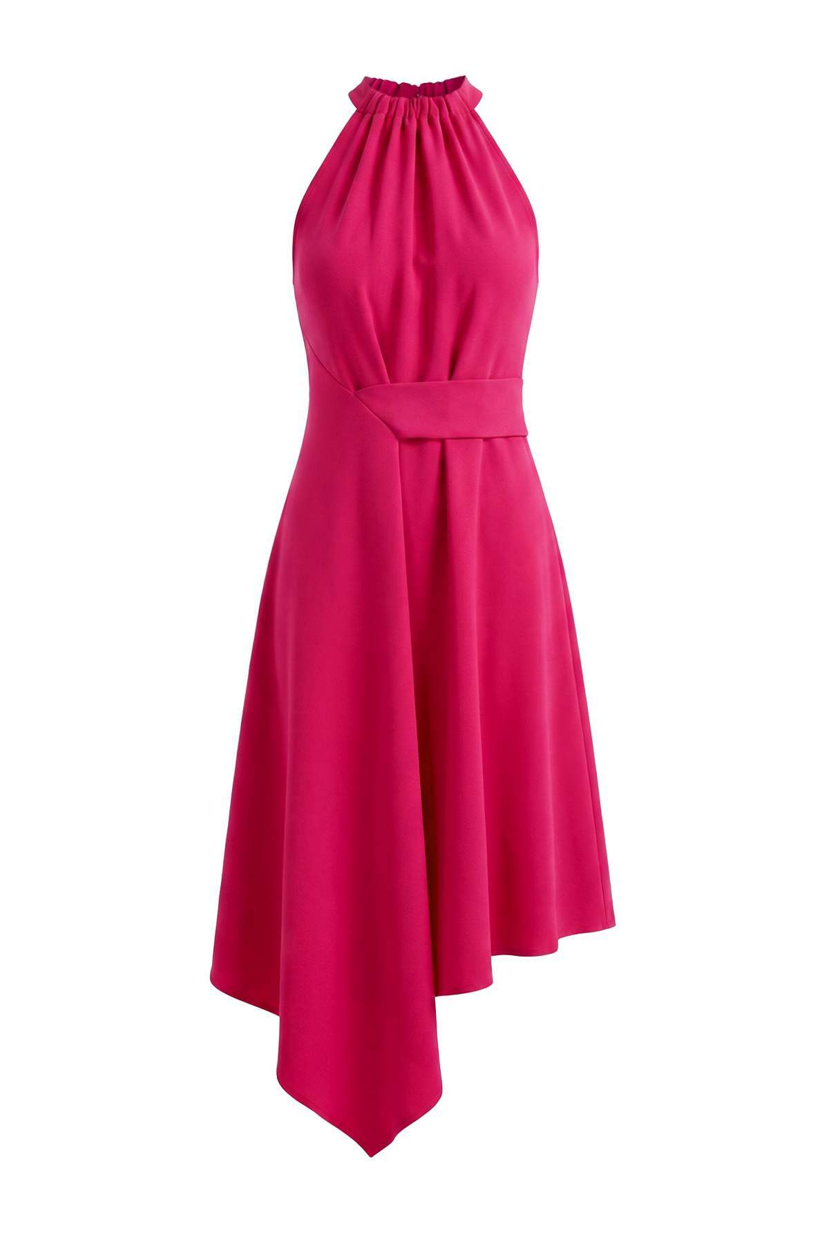 Trendyolmilla Fuşya Halter Yaka Asimetrik Kesim Midi Dokuma Elbise TWOAW27EL00121