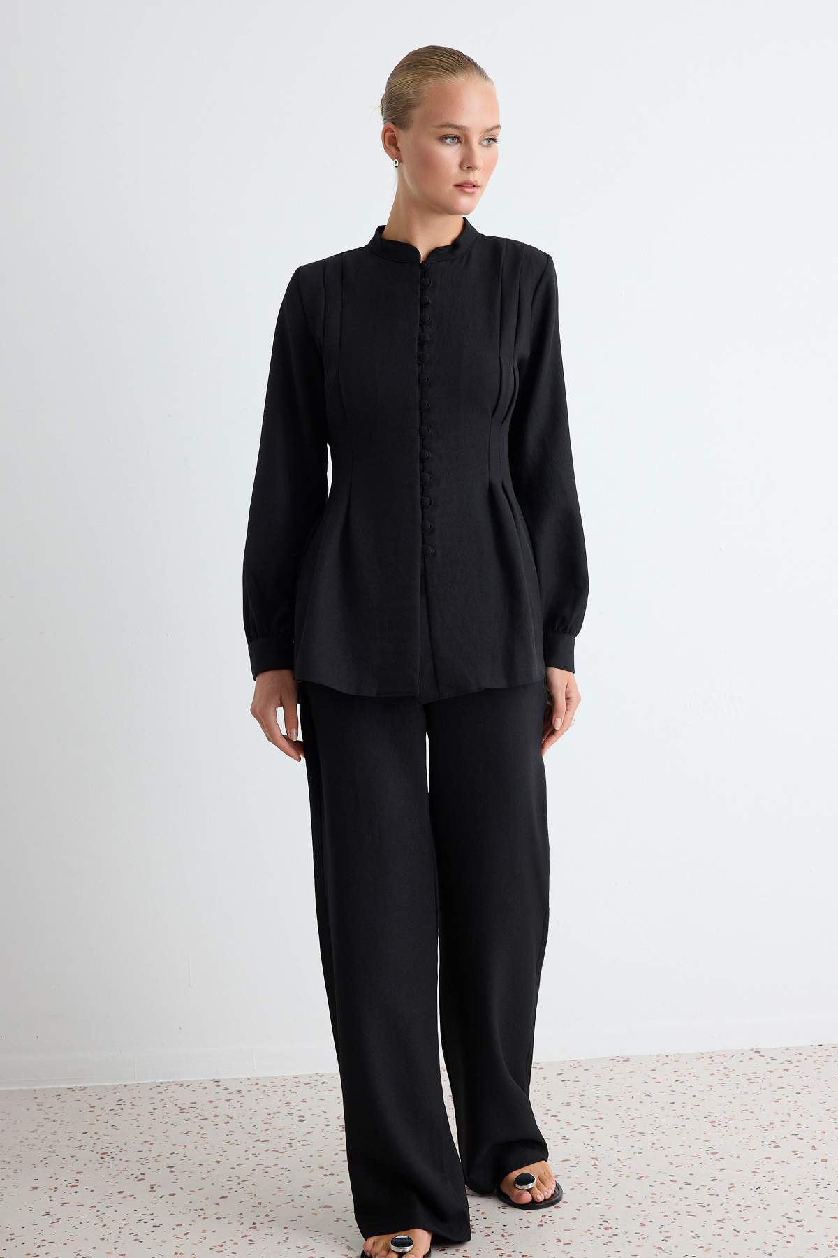 Trendyol Modest Black Linen Look Button Detailed Blouse and Trouser Bottom - Top Set Tctss26Us00001