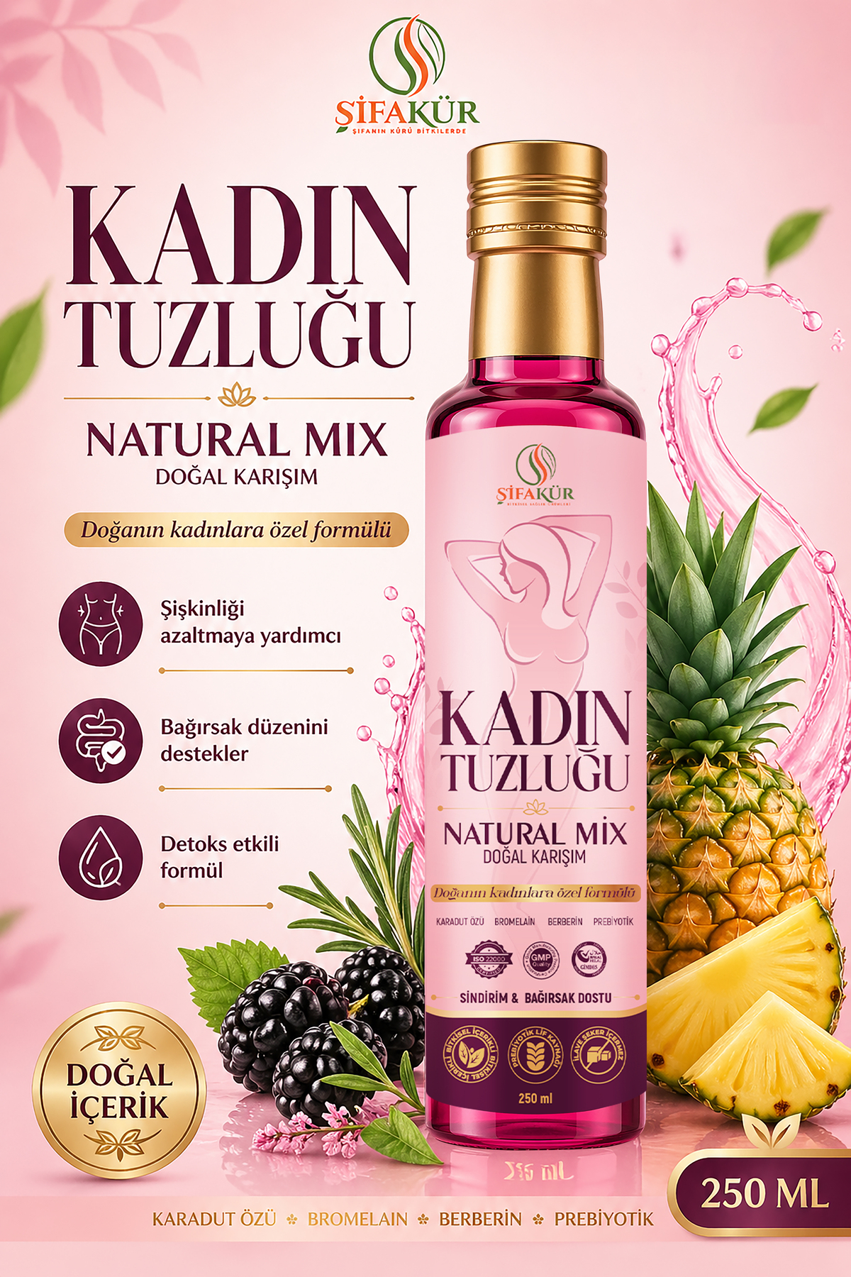 ŞİFAKÜR BİTKİSEL SAĞLIK ÜRÜNLERİ ŞİFAKÜR Kadın Tuzluğu Natural Mix 250 ml Sıvı Bitkisel Karışım Karadut Özlü Bromelain Prebiyotik - Fiyatı, Yorumları